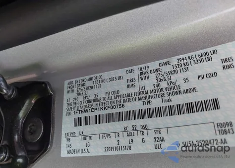 2019 Ford F-150 Xl из США, поврежденный, VIN 1FTEW1EP1KKF00756